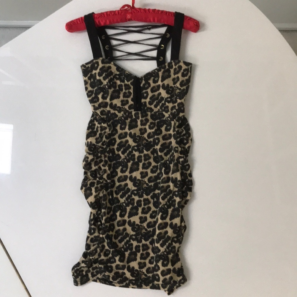 DEREON Sexy Leopard Bodycon Dress with Embroidered Logo in Gold, Size S